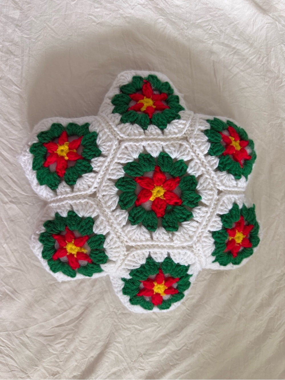 Handmade White Crochet Holiday Poinsettia Pillow